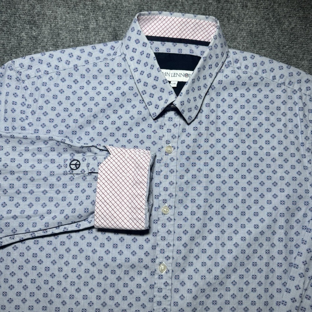 John Lennon Long Sleeve Flip Cuff Button Up Men Large Blue Geometric Print